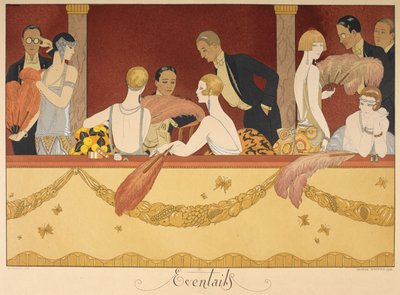 Eventtails. Folk nyter en kveld på teateret. av Georges Barbier