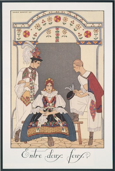 Falbalas and Fanfreluches, Almanac for 1923, Between Two Fires, av George Barbier, trykk av Georges Barbier