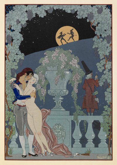 Fantoches. (Marionettes) fra Debussys Fêtes Galantes, Scaramouche og Pulcinelle. Mann som omfavner en naken kvinne. To figurer i silhuett mot månen. av Georges Barbier