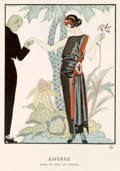 «Gazette du Bon Ton»; Esperez, aftenkjole fra Worth, ca. 1920 (fargelitografi) av Georges Barbier