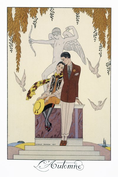 Høst, litografi av George Barbier (1882-1932), fra Falbalas et Fanfreluches, Almanach des Modes Presentes, Passees et Futures av Georges Barbier