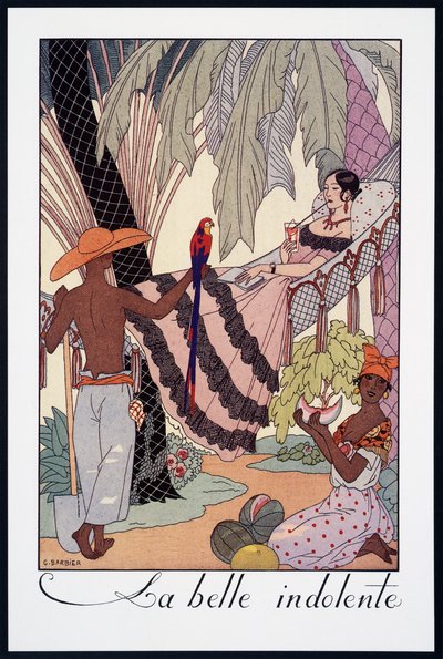 La Belle Indolente, litografi av George Barbier (1882-1932), fra Falbalas et Fanfreluches, Almanach des Modes Presentes, Passees et Futures, Frankrike, 1900-tallet av Georges Barbier