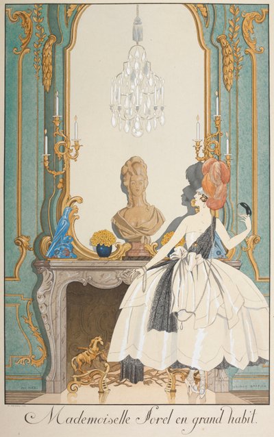 Mademoiselle Sorel i stor vane. En kvinne som står foran en peis. av Georges Barbier
