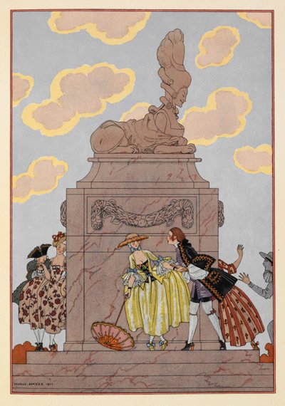 Mandolin. Folk som står rundt et monument. en kvinne holder en parasoll. Betydelige skyer. av Georges Barbier