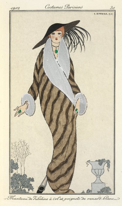 "Libeline kåpe med hvit revekrage og mansjetter." av Georges Barbier