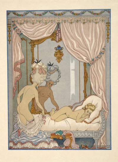 Marquise de Merteuils besøk i Cécile de Volanges' sengekammer, illustrasjon fra puben 'Les Liaisons Dangereuses' av Pierre Choderlos de Laclos (1741-1803). 1934 (stensiltrykk) av Georges Barbier