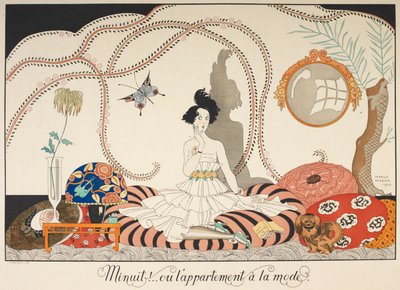 Midnatt! .. eller den trendy leiligheten. En kvinne som sitter blant mange puter. Hunden hennes med henne. av Georges Barbier