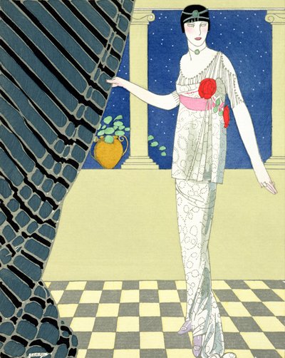 My Guests has not Arrived, illustrasjon av en kvinne i en kjole fra Redfern (pochoir-trykk) av Georges Barbier