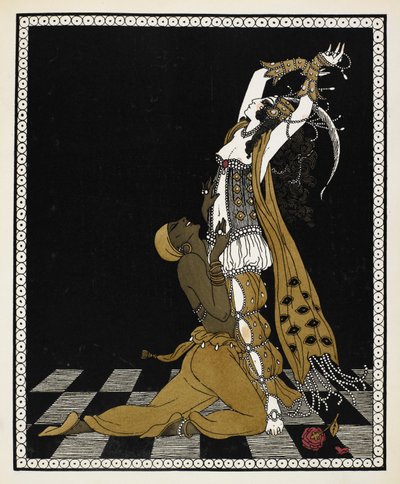 Nijinsky som den gylne slave i Sheherazade, en symfonisk suite komponert av Nikolai Rimsky-Korsakov i 1888. Han kneler foran Sheherazade, begge kledd i drakt i arabisk stil. av Georges Barbier