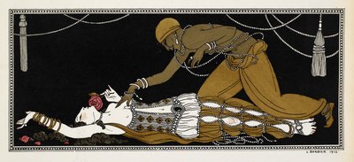 Nijinsky som den gylne slave i Sheherazade, en symfonisk suite komponert av Nikolai Rimsky-Korsakov i 1888. Sheherazade er her på dødsleie, den gyldne slaven lener seg over henne av Georges Barbier