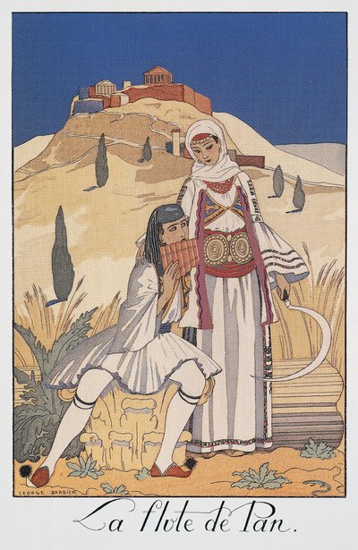 Panfløytespiller som viser tradisjonelle greske kostymer av Georges Barbier