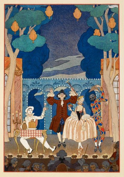 Pantomine. Pjerrot og Harlekin. En mann og pen kvinne. Alt på en scene. av Georges Barbier