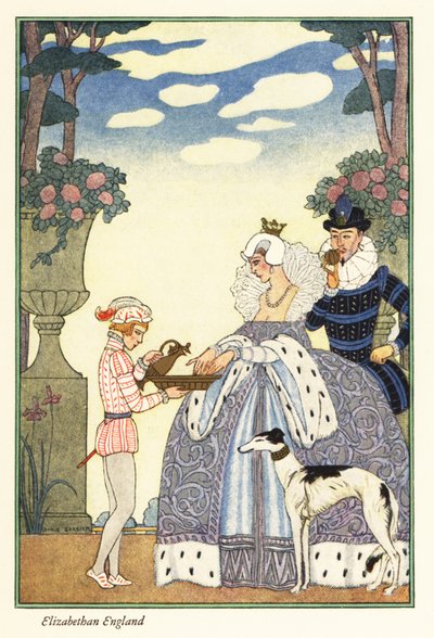 Dronning Elizabeth vasker hendene i en bolle som holdes av pagegutten hennes. 1928 (trykk) av Georges Barbier