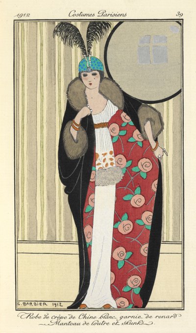 "Hvit crepe de chine-kjole trimmet med rev. Oterfrakk og stinkdyr," av Georges Barbier