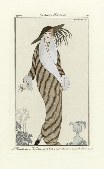 Sable Coat with White Fox Trim, fra Costumes Parisien, pub.1912 (pochoir-trykk) av Georges Barbier