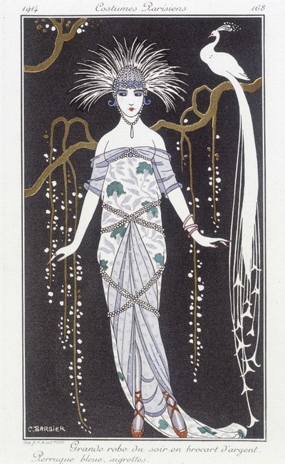 Sølvbrokade aftenkjole og parykk - Illustrasjon av George Barbier (1882-1932). i "" Journal des dames et des modes: Costumes Parisiens"" av Georges Barbier