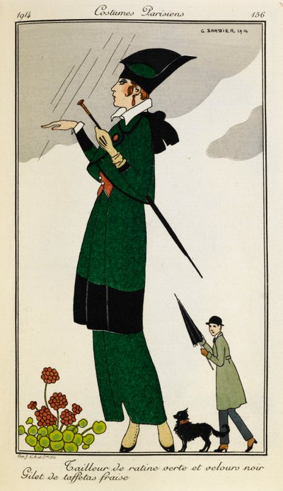 Tailleur de ratine verte et velours noir. Gilet de taffetas fraise. Kvinne iført et skreddersydd antrekk av grønn og svart silke, med en strawberry silkevest. Person i en trenchcoat med en paraply og en hund i bakgrunnen. Kostymer Parisiens. av Georges Barbier