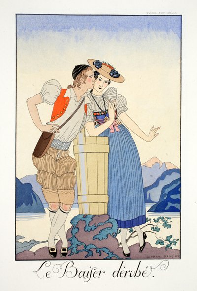 The Stolen Kiss, fra "Falbalas & Fanfreluches, Almanac of Present, Past and Future Modes" av Georges Barbier