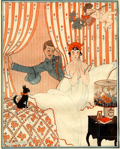 Den uplanlagte returen... Eller vekkerklokken - illustrasjon fra la Vie Parisienne av Georges Barbier