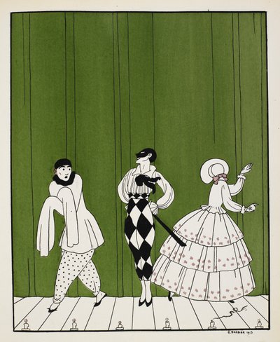 Tre karakterer fra 1910-balletten, Carnaval, komponert av Robert Schumann. Til venstre er en mimekunstner. I midten står en mann, kledd i en hvit skjorte med svart slips og rutete bukser, iført maske. Til høyre er en dame, bakovervendt av Georges Barbier