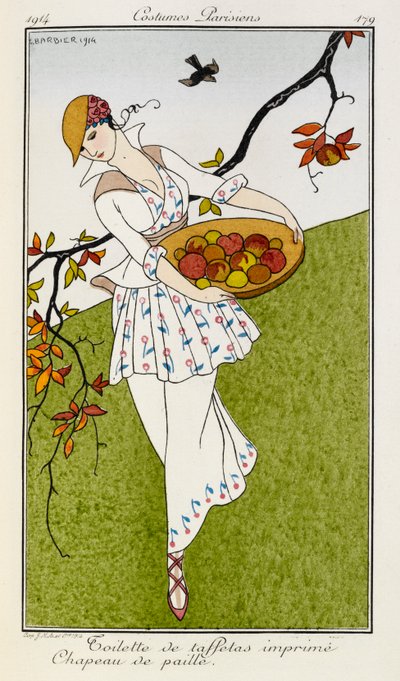 Toilette de taffetas imprime chapeau de paille. Kostymer Parisiens nr.179. En kvinne iført et silketrykt antrekk og stråhatt. Hun bærer en skål med frukt. av Georges Barbier