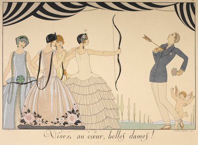 Visez au coeur, belles dames. Sikt på hjertet damer. En kvinne skjøt en mann i hjertet med en pil. av Georges Barbier