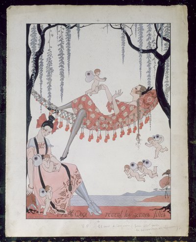 Hva drømmer unge kvinner om? 1918 (penn, blekk og akvarell på papir) av Georges Barbier