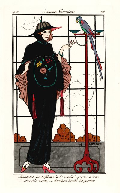 Kvinne i en gammel taftkappe med en papegøye av Georges Barbier