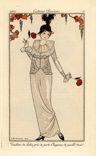 Kvinne i perlegrå dress og svart stråhatt. Perlegrå satengdress, sort stråhatt. Håndfarget pochoir (stensil) etsning etter en illustrasjon av George Barbier fra Tommaso Antonginis Journal des Dames et des Modes, Aux Bureaux du Jo av Georges Barbier
