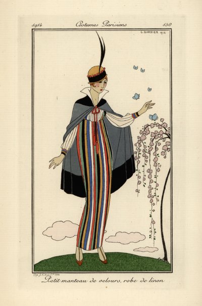 Kvinne i stripet linkjole med kort fløyelskåpe. av Georges Barbier