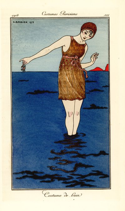 Kvinne i badedrakt opp til anklene i sjøen på en strand med en krabbe. Costume de bain. Håndfarget pochoir (stensil) etsning etter en illustrasjon av George Barbier fra Tommaso Antonginis Journal des Dames et des Modes, Aux Bureaux du Journal av Georges Barbier