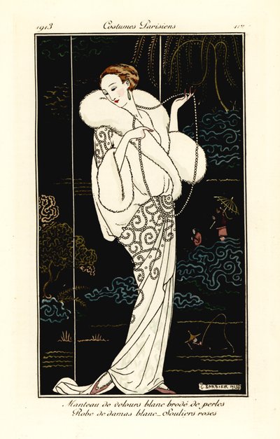 Kvinne i fløyelskappe, damaskkjole og rosa tøfler. av Georges Barbier