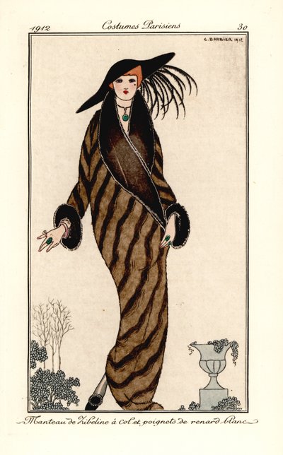 Kvinne i sobelfrakk med krage og mansjetter i hvit revepels. Sobelkåpe har hvit revekrage og mansjetter. Håndfarget pochoir (stensil) etsning etter en illustrasjon av George Barbier fra Tommaso Antonginis Journal des Dames et des Modes, Au av Georges Barbier