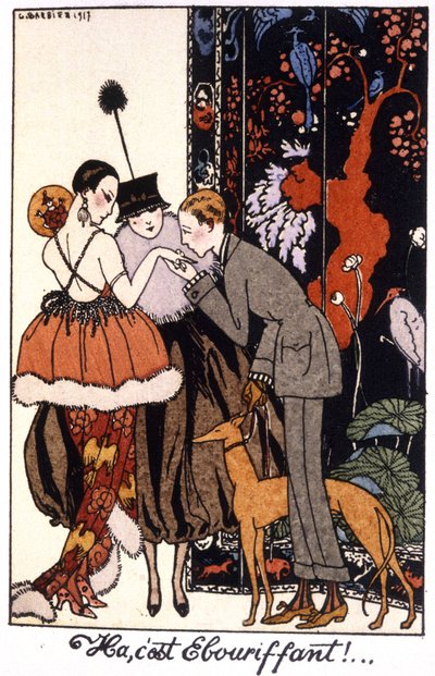 håndkyss, elegansekveld i Paris, gravering 1917 av Georges Barbier