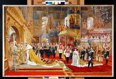 Kroningen av tsar Alexander III av Russland (1845-1894) og keiserinne Maria Feodorovna (Dagmar av Danmark) (1847-1928) - Kunstverk av Georges Becker (1845-1909) av Georges Becker