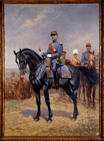 Første verdenskrig: "" Rytterportrett av Ferdinand Foch (1851-1929) marechal of France"" Bak ham, Douglas Haig, Armando Diaz og Maxime Weygang. Maleri av Georges Bertin Scott (1873-1942) dit Scott de Plagnolles 1930 Sun. 1,25x0,92 m. Paris, Musee d av Georges Bertin Scott