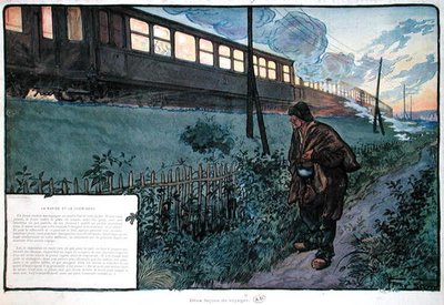 To reisemåter, ekspresstoget og trampen, tidlig på 1900-tallet (farge litho) av Georges Bertin Scott