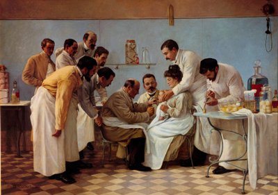 Medisin: "" Foringsrøret""" Innsetting av et rør har et difterisk barn. Maleri av Georges Chicotot (aktivt mellom 1899 og 1907). 20. århundres søn. 1,3x1,8 m Musee de l'Assistance Publique, Paris - Medisin: Intubasjonen. Et fle av Georges Chicotot