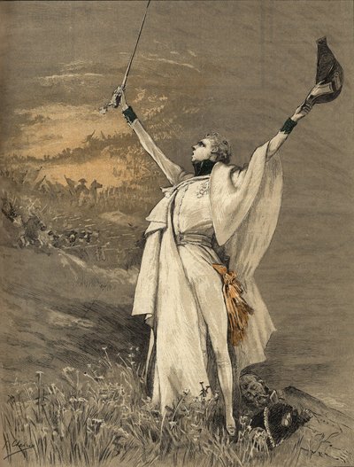 Skuespillerinnen Henriette Rosine Bernard kalte Sarah Bernhardt (1844-1923) i rollen som hertugen av Reichstadt (sønn av keiser Napoleon I (1769-1821) - "" Aiglon"", Gravering av Georges Jules Victor Clairin (1843 - 1919) ) av 1900. av Georges Clairin