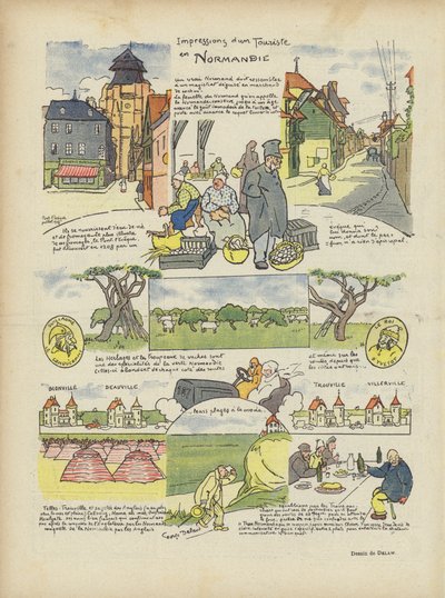 Inntrykk av en turist i Normandie. Illustrasjon for Le Rire av Georges Delaw