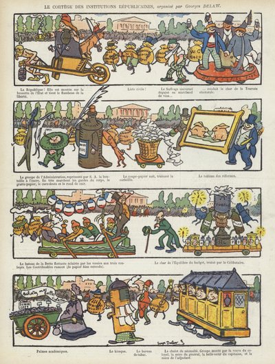 Prosesjon av republikanske institusjoner. Illustrasjon for Le Rire av Georges Delaw
