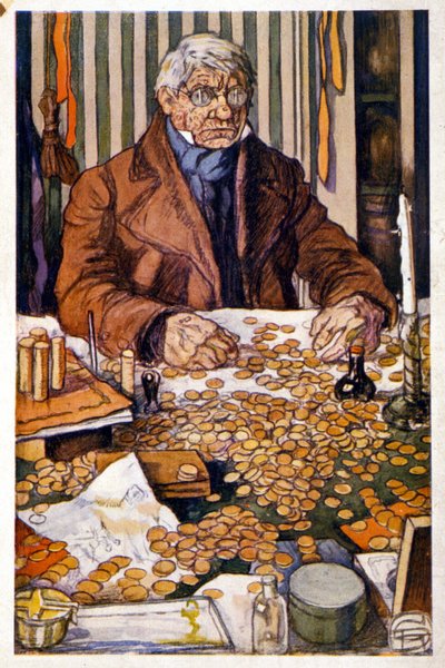 Le pere Grandet teller pengene sine - Illustrasjon i "Eugenie Grandet" av Honore de Balzac, koll. Ideell bibliotek av Georges Dupuis