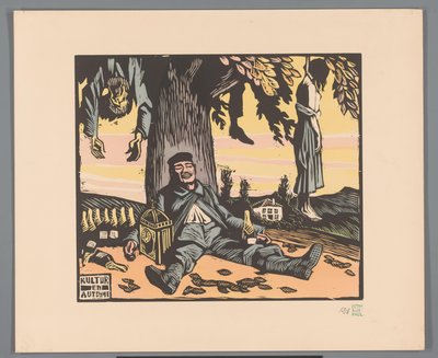 Soldat liggende mot et tre med hengte mennesker Kultur en automne (tittel på objekt) av Georges Hermann Rene Paul