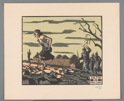 Kvinne flykter halvnaken fra tre soldater over et felt Kultur au printemps (tittel på objekt) av Georges Hermann Rene Paul
