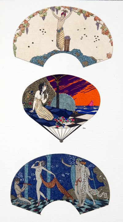Fans av Paquin, etter G. Barbier og Paul Iribe. Plate 42, fra Parisian Costumes publisert i Journal des Dames et des Modes av Georges and Iribe Paul Barbier