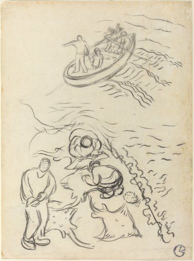 Studie for "The Fishermen" med menn som tømmer garnene av Georges Lacombe
