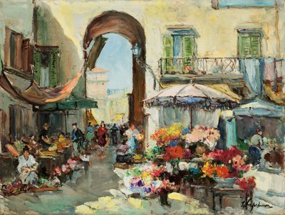 Et blomstermarked i Nice (olje på lerret) av Georges Lapchine