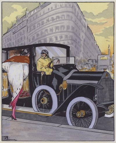 Damemote fra 1910-tallet og en Lorraine-Dietrich-bil. (farge litho) av Georges Leonnec