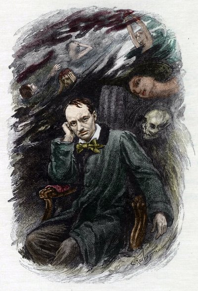 Portrett av den franske poeten Charles Baudelaire (1827-1861) omgir spøkelsene hans (Representasjon av den franske romantiske poeten Charles Baudelaire omgitt av spøkelser, illustrasjon for "" Ondskapens blomster") Illustrasjon av Georges An av Georges Marie Rochegrosse