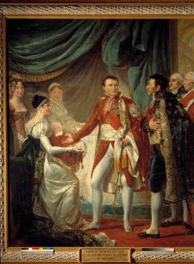 Keiser Napoleon I presenterer sin sønn, kongen av Roma, for imperiets dignitærer den 20/03/1811 i nærvær av Iimpress Marie Louise-maleriet av Georges Rouget (1784-1869) 1812 Søn. 2,60 x 2,20 m - Presentasjonen av kongen av Roma -Napoleon av Georges Rouget